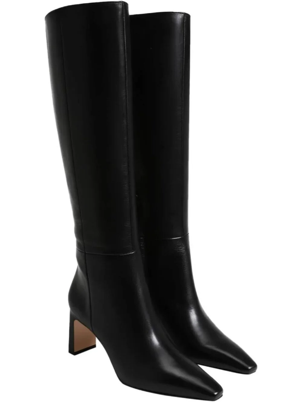 Women's Black Closed Pointed Toe Chunky Heel Side Zipper Dress Knee High Boots